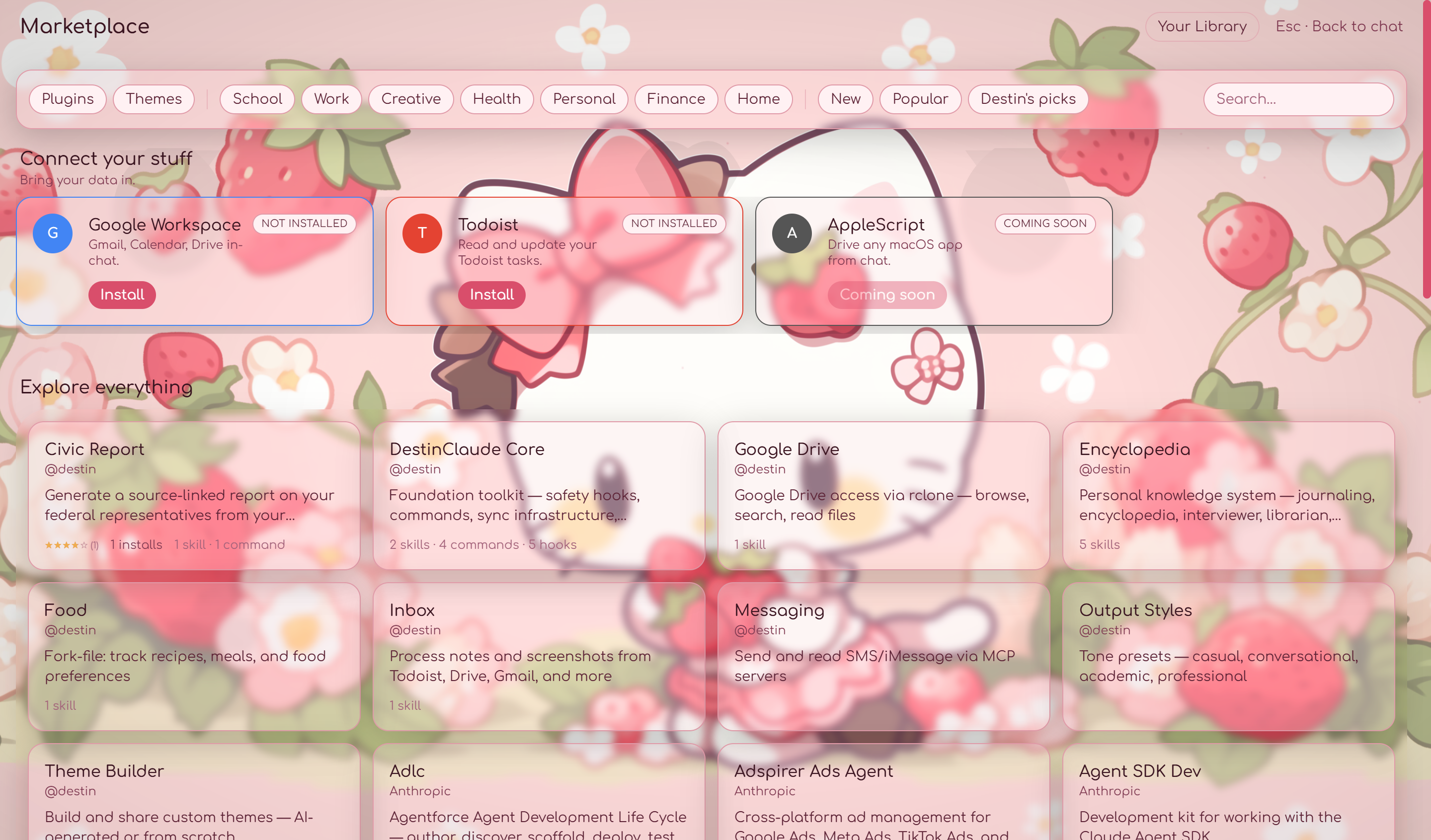 WeCoded marketplace showing skills and themes in the Strawberry Kitty theme